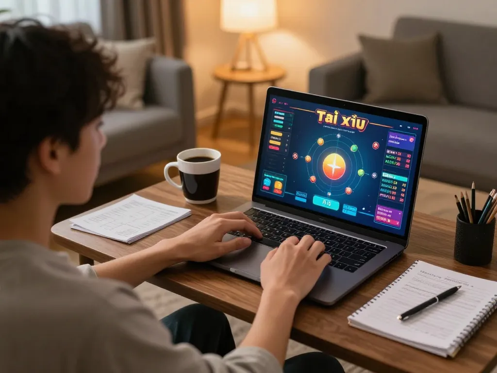 Engaging in a strategic tài xỉu online game from home, showcasing a vibrant gaming interface and cozy atmosphere.