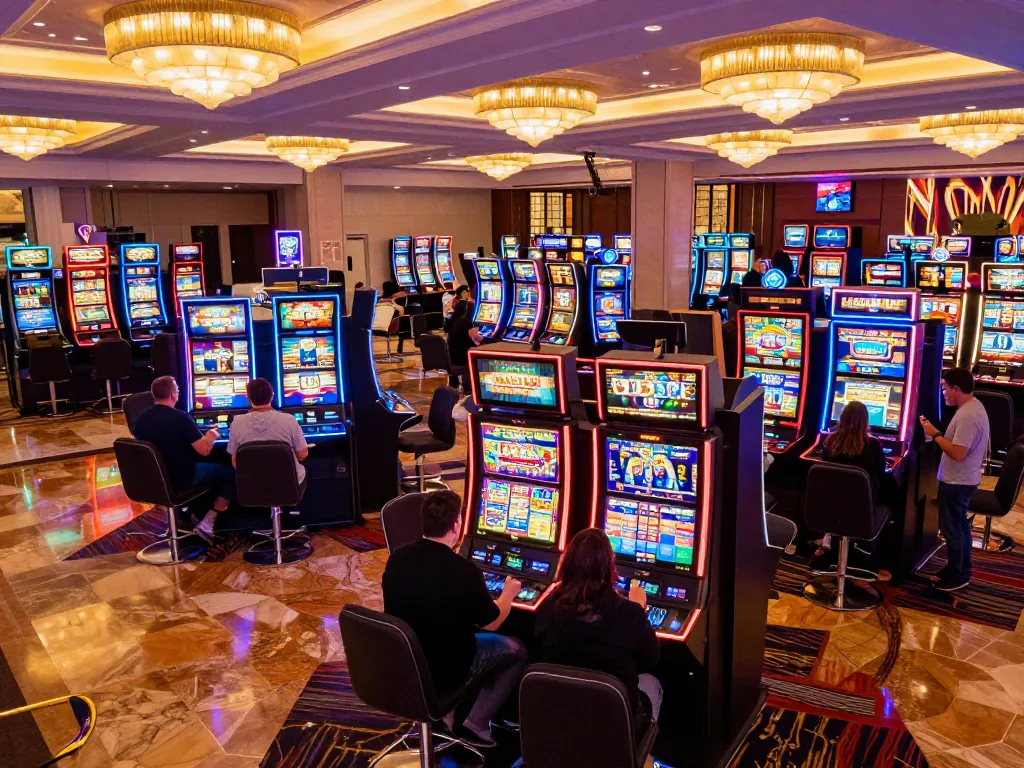 FC88 players engaged in dynamic gaming experience at vibrant slot machine area of a modern casino