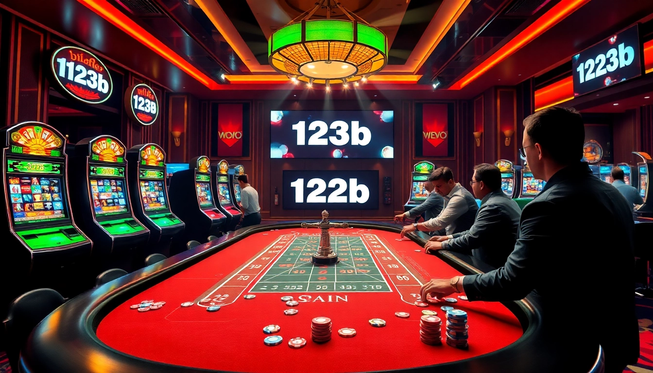 Exciting casino atmosphere at 123b featuring poker gameplay and vibrant slot machines.