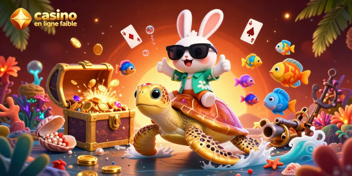 Illustration d'un casino en ligne fiable, mettant en scène un lapin chanceux sur une tortue dorée tirant des trésors marins et des éléments de jeu.
