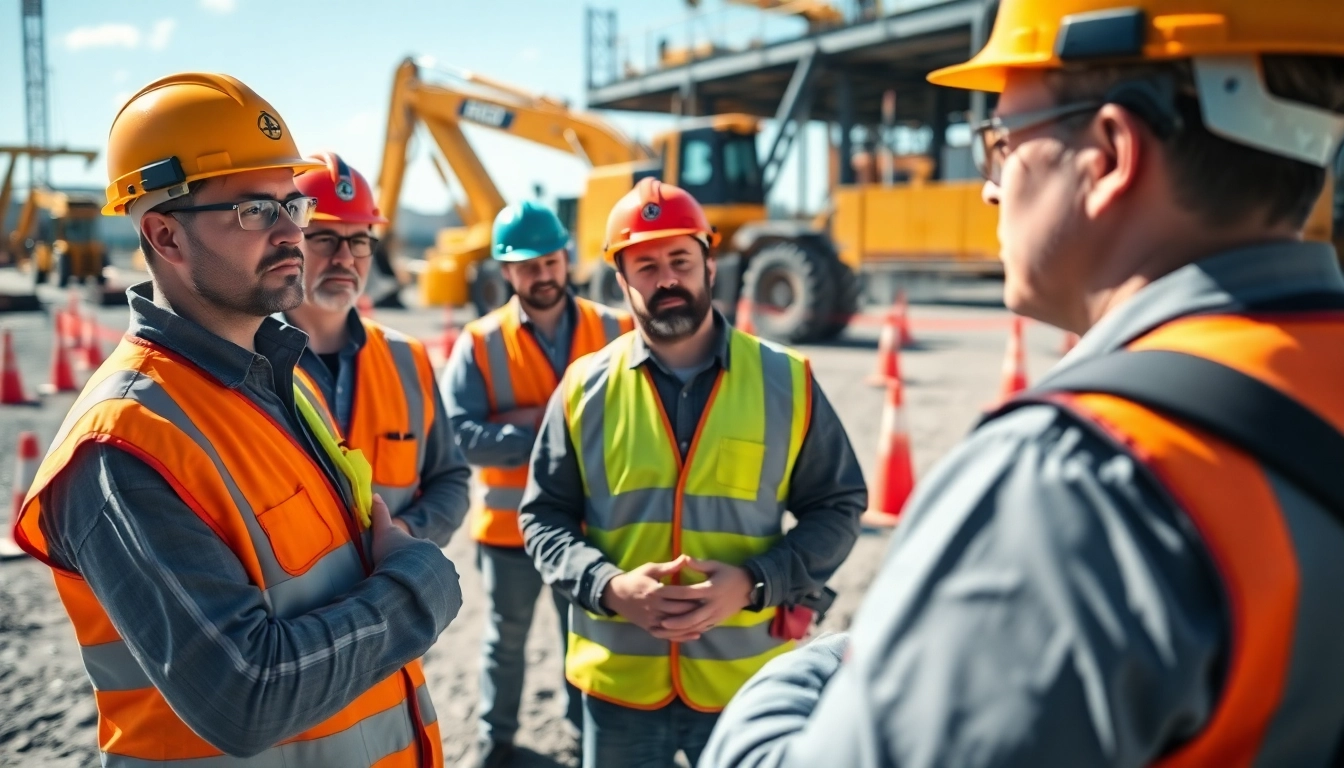 Construction safety training with professionals learning proper safety techniques outdoors at a job site.