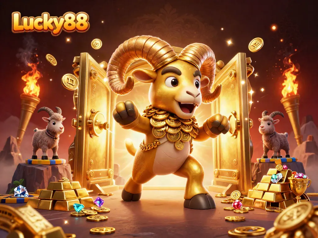 Experience the thrill of Lucky88 with golden ram and treasures in a vibrant casino scene
