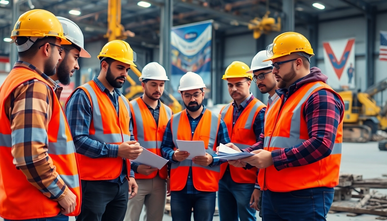 Engaged group in construction safety training with hands-on demonstrations and safety equipment.