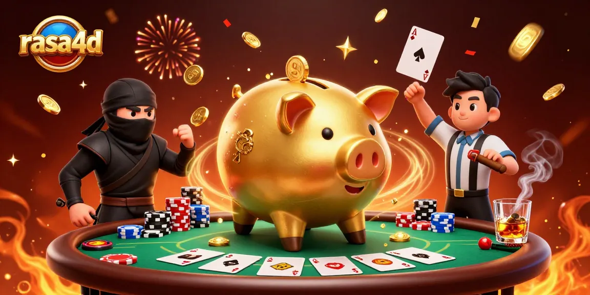 Rasa4d menyajikan piggy bank emas berukuran besar dan karakter lainnya dalam aksi beruntung di kasino.