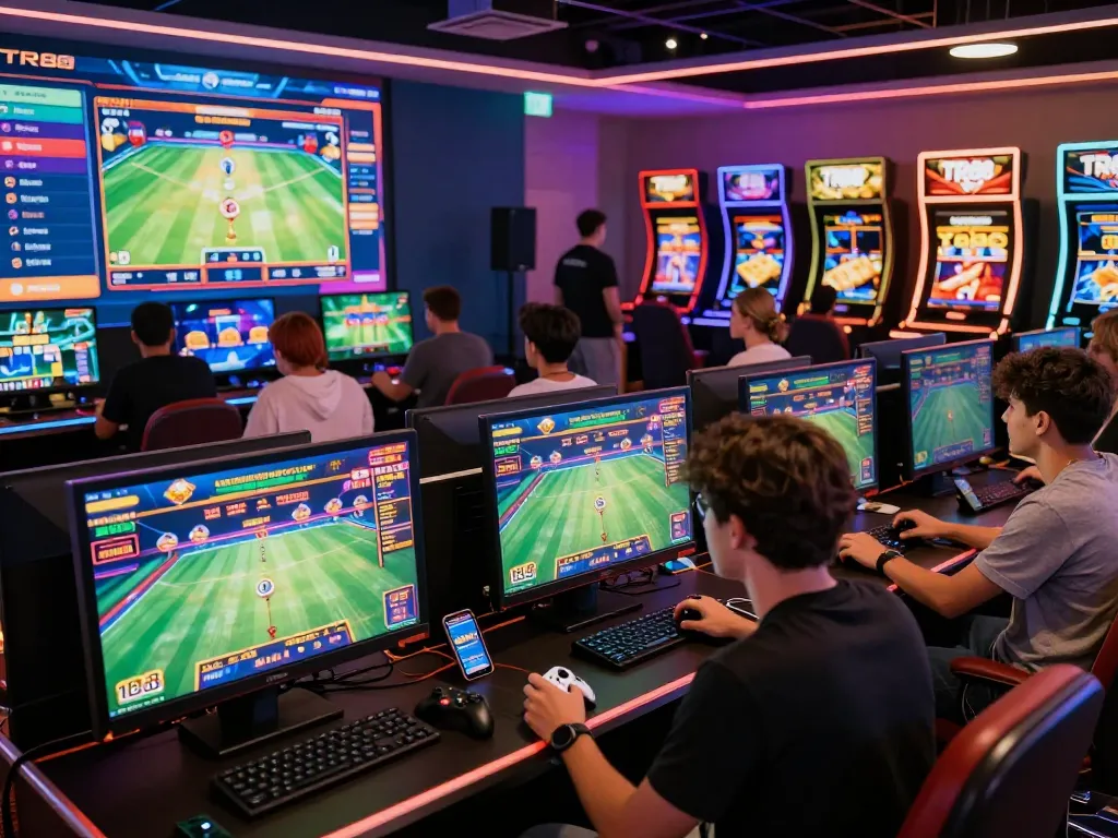 Players enjoying casino games at TR88 online gaming platform featuring interactive screens and colorful graphics.