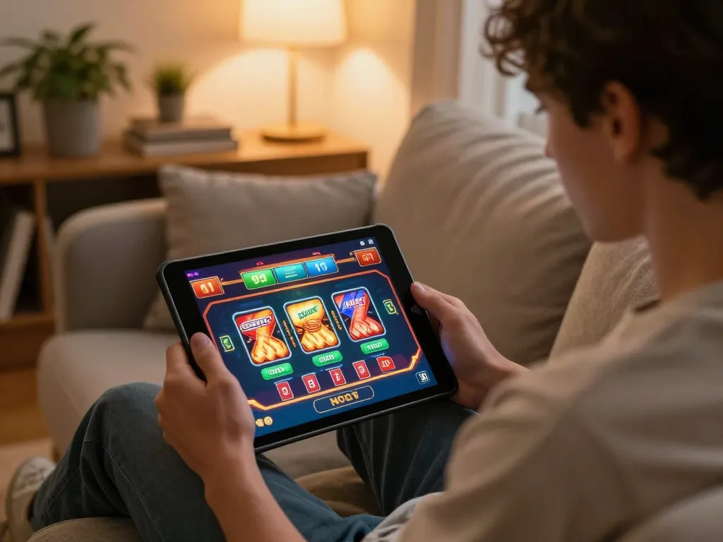 Player enjoying casino non aams con neteller gaming on tablet at home in cozy environment