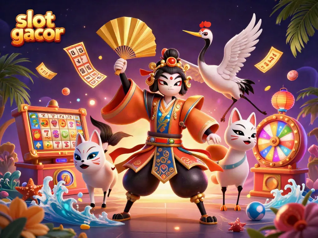 Slot gacor menjadi tema utama dengan karakter kabuki dan elemen slot yang berwarna-warni, memberikan nuansa menang.