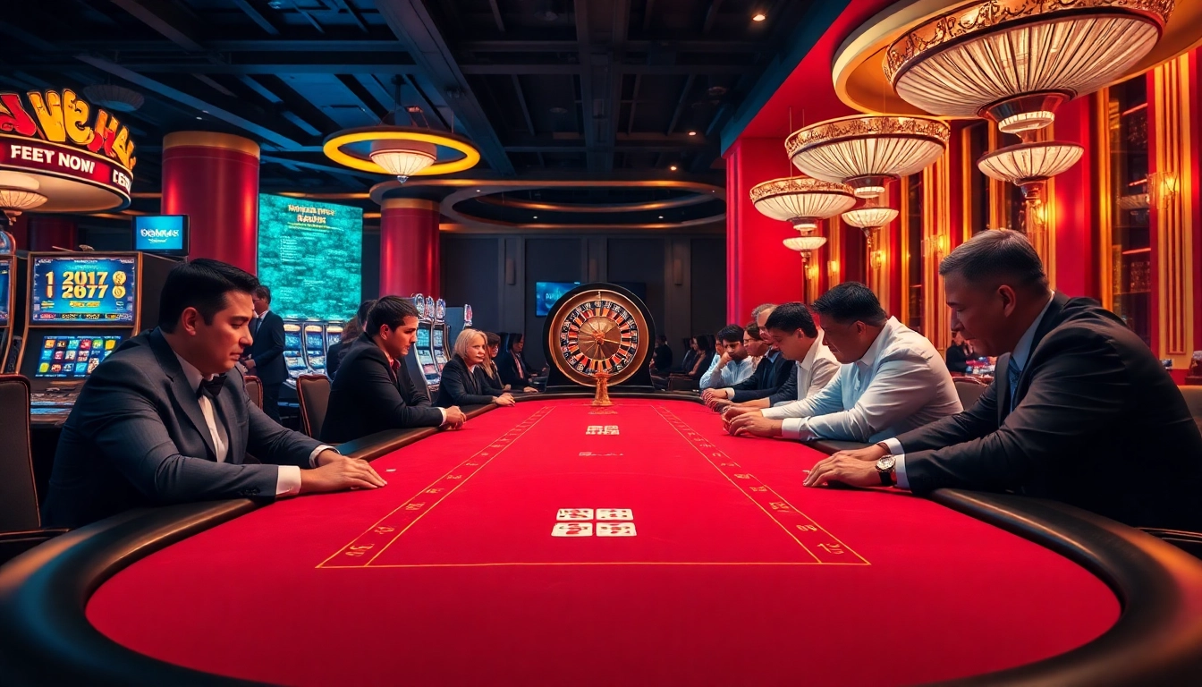 Experience the thrill of gambling at bk8th with a luxurious casino scene featuring poker tables and vibrant slot machines.
