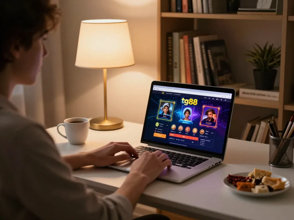 Engaging in strategic online gaming on tg88 with vibrant game interface and cozy home setup