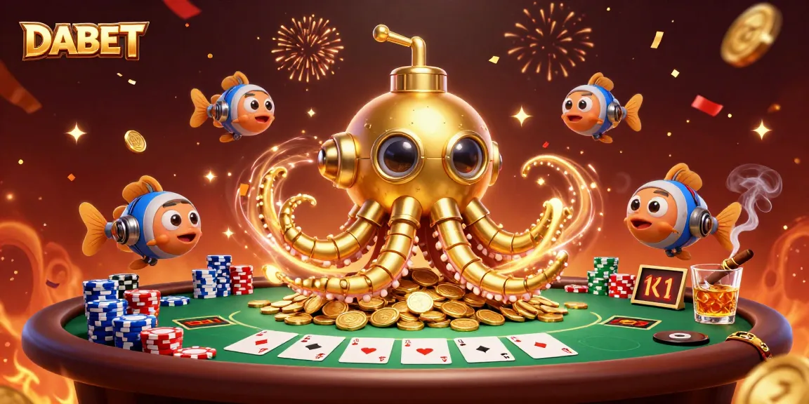 DABET engages players with a golden kraken submarine and vibrant poker game, showcasing excitement in online gambling.
