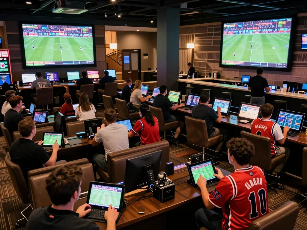 Vin88 net sports bettors engaged in live event action, excited fans analyzing odds in a vibrant casino setting
