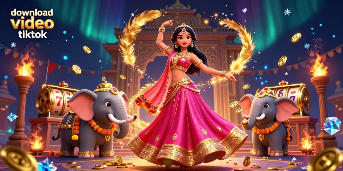 Download video TikTok with this vibrant casino-themed illustration featuring Asian woman in lehenga and bejeweled elephant.