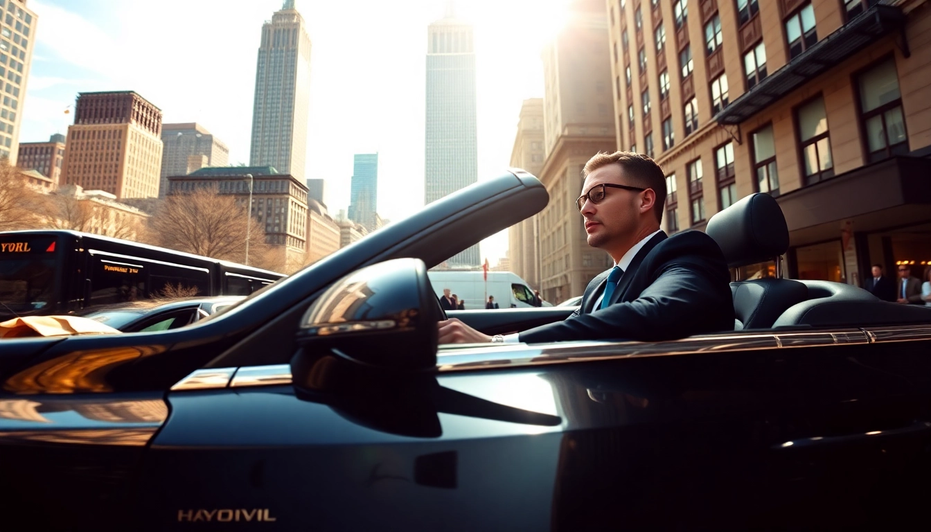 Chauffeur service nyc with a professional driver in a luxury vehicle amidst New York City skyline