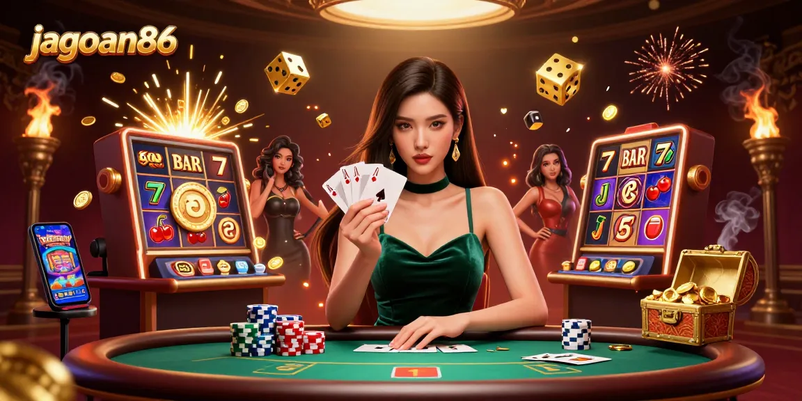 Experience thrilling gaming moments with jagoan86 at a luxury poker table amidst dazzling casino visuals.