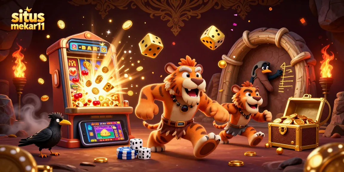 Experience the thrill of situs mekar11 with a vibrant prehistoric casino scene featuring dynamic gaming action and rich details.