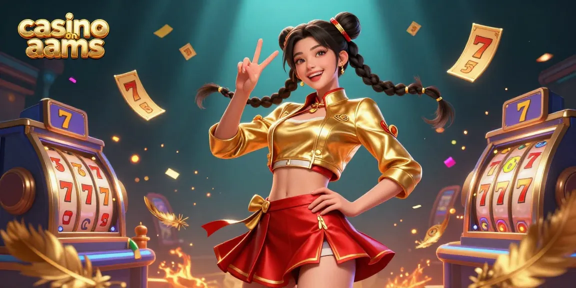 Vivi l'emozione dei casinò non AAMS con una donna asiatica felice circondata da elementi colorati delle slot.