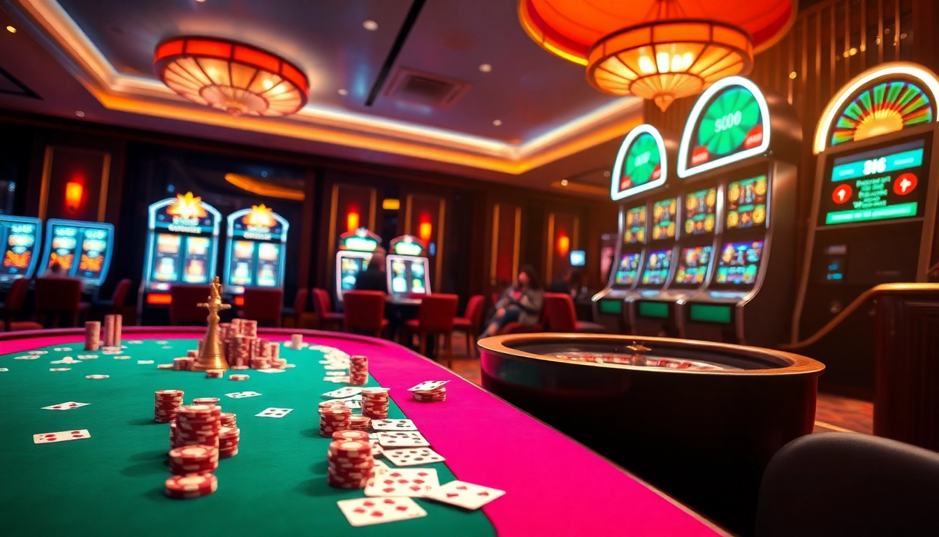 Experience the thrill of RR88 as players engage in dynamic casino games with vibrant poker chips and exciting slot machines.