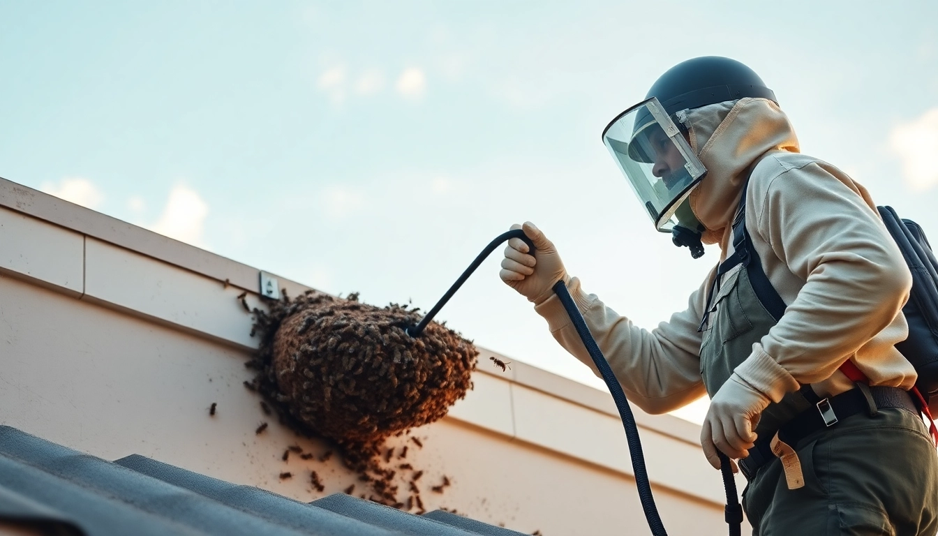 Expert performing commercial bee removal from a rooftop, showcasing professional techniques.