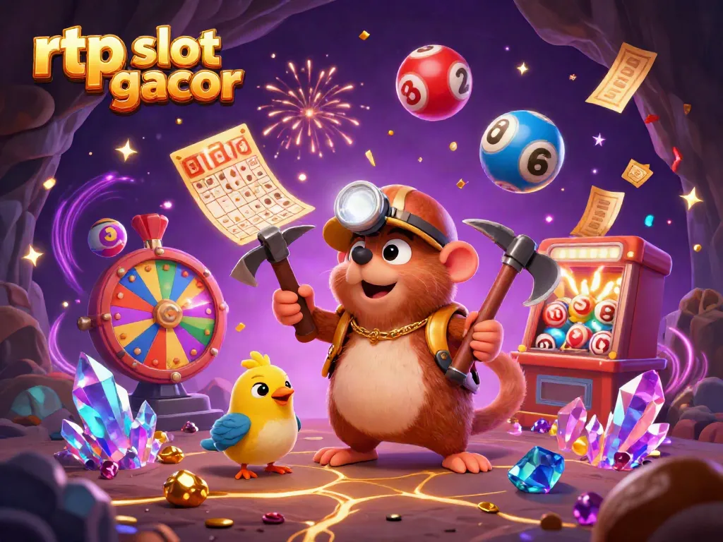 Persembahan slot gacor rtp dengan karakter pahlawan tambang dan bola lotere berwarna cerah.