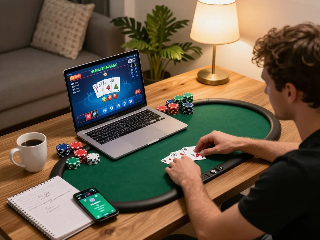 Player engaged in an online poker game on a laptop, demonstrating strategic decisions with lc88 tools in a cozy home setup.