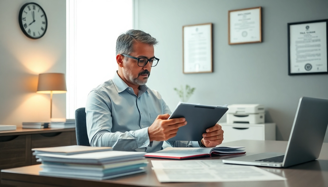 Professional traductor jurado reviewing official documents in a modern office setting.