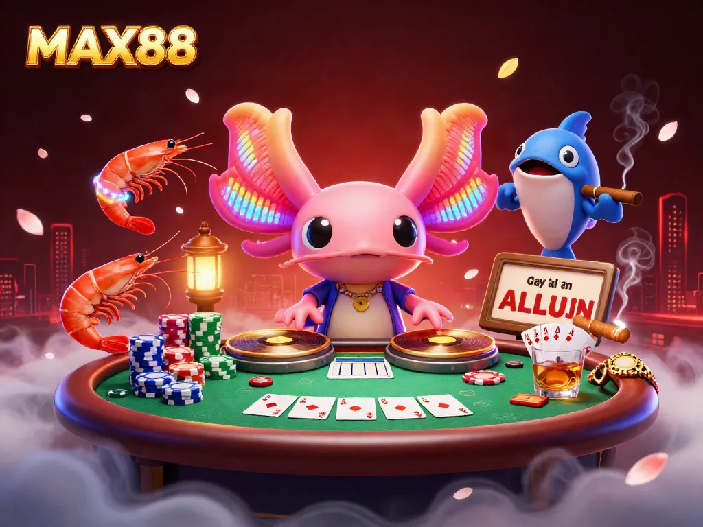 Engage in MAX88's vibrant casino universe featuring a neon axolotl DJ and animated shrimp, showcasing lively games.