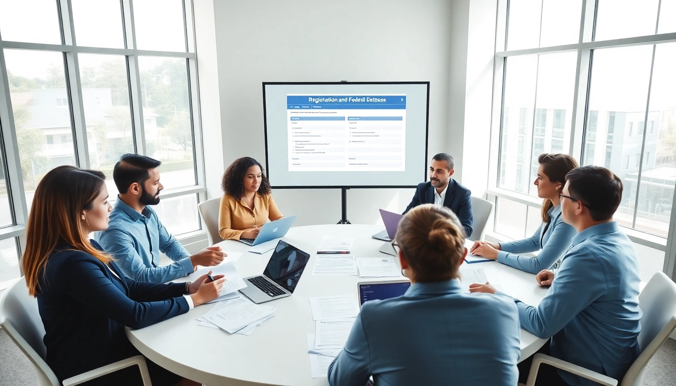 Professionals engaging in registration and certification in Federal databases discussion in a bright office.