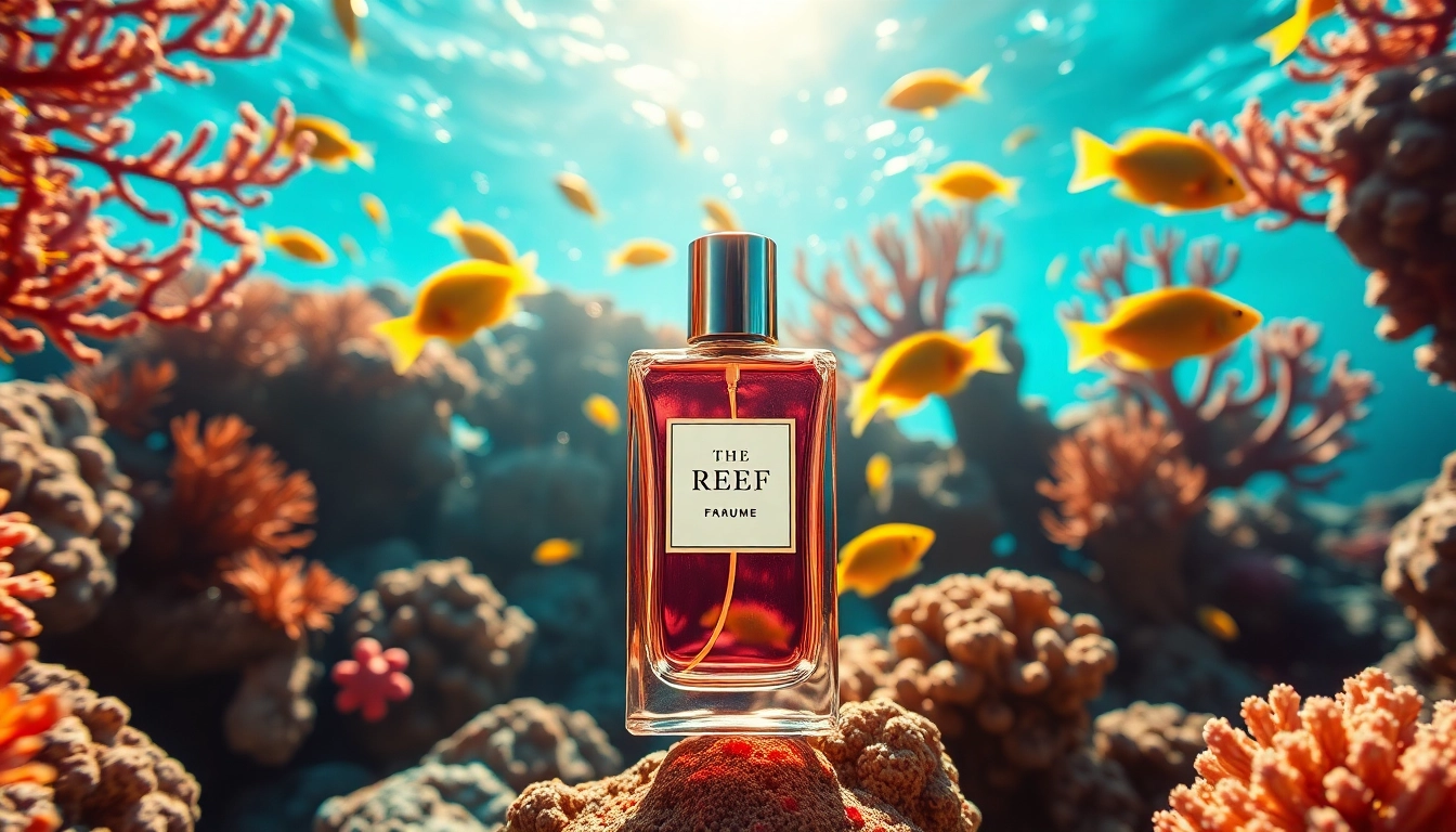 Reef geinspireerde parfumfles tussen levendige koralen en tropische vissen.