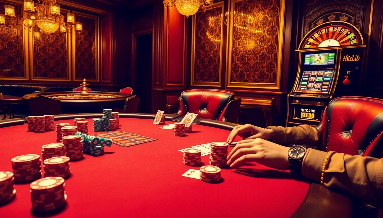 Gamblers engaging at a professional HITCLUB poker table with vibrant chips and cards.