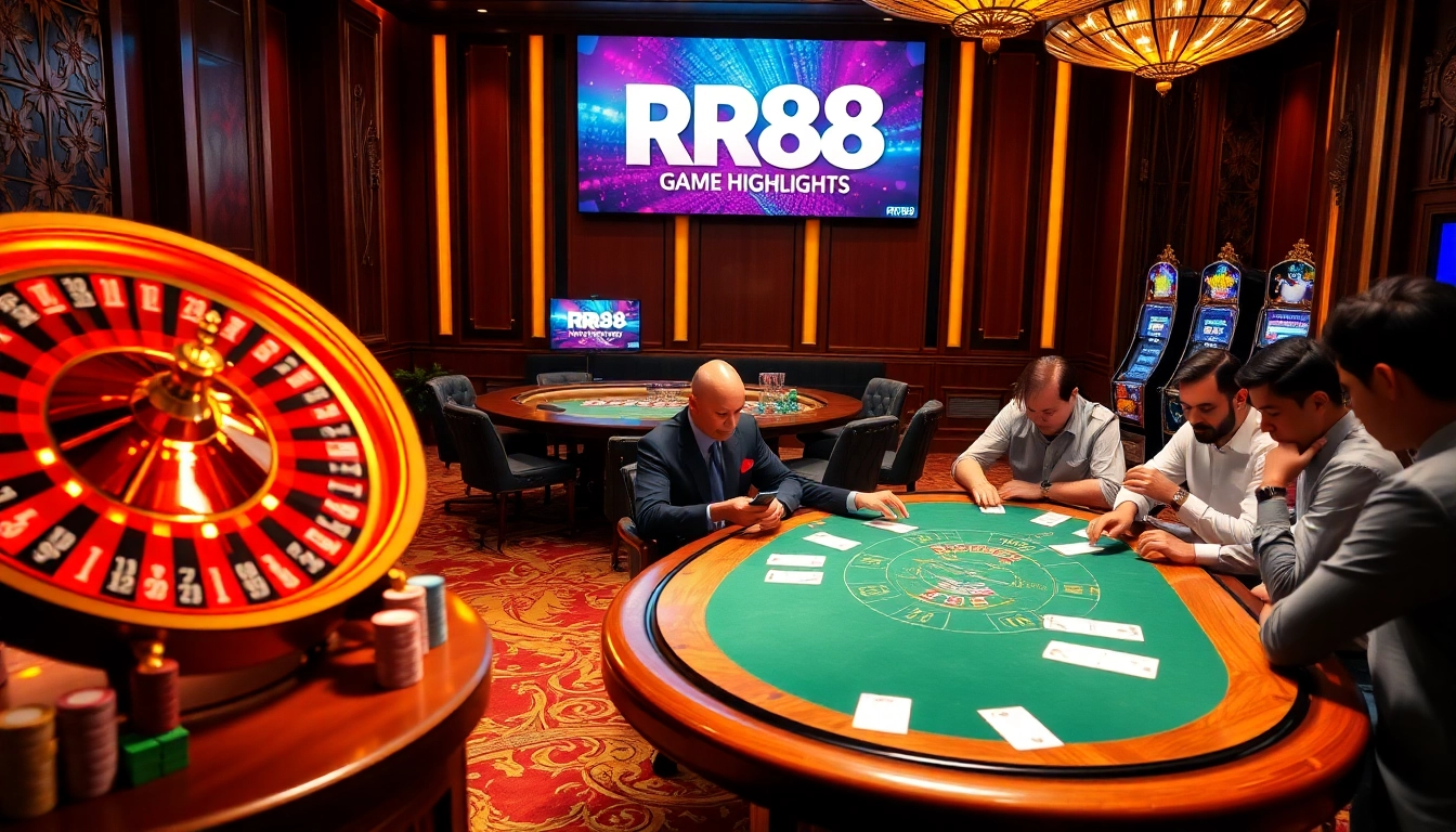 Engaging scene of gamblers at an RR88 poker table with roulette, capturing luxury and excitement in a casino atmosphere.