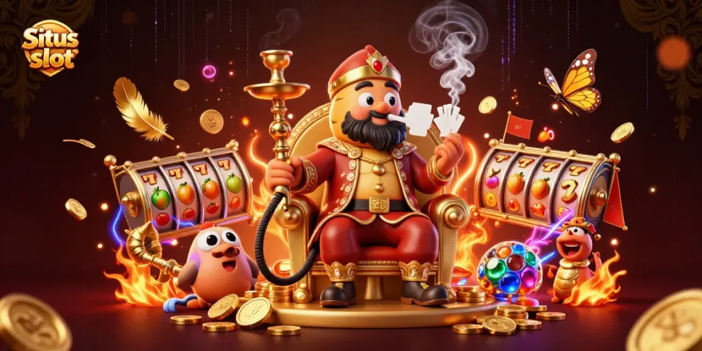 Experience thrilling highs at Situs slot with vibrant 3D scenes of winning slots and casino elements.