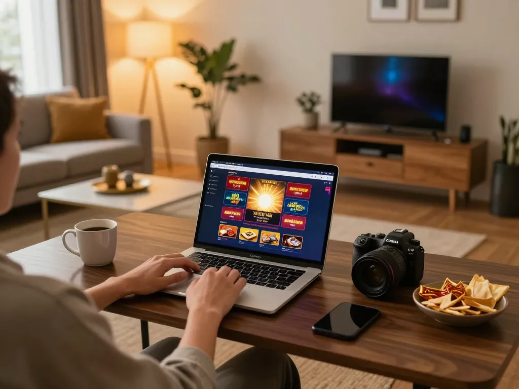 Engaging in sun win online casino gameplay on a modern laptop in a cozy home setting.