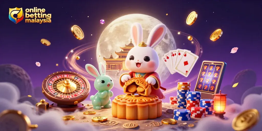Experience vibrant online betting Malaysia with a mystical moon rabbit and golden casino elements.