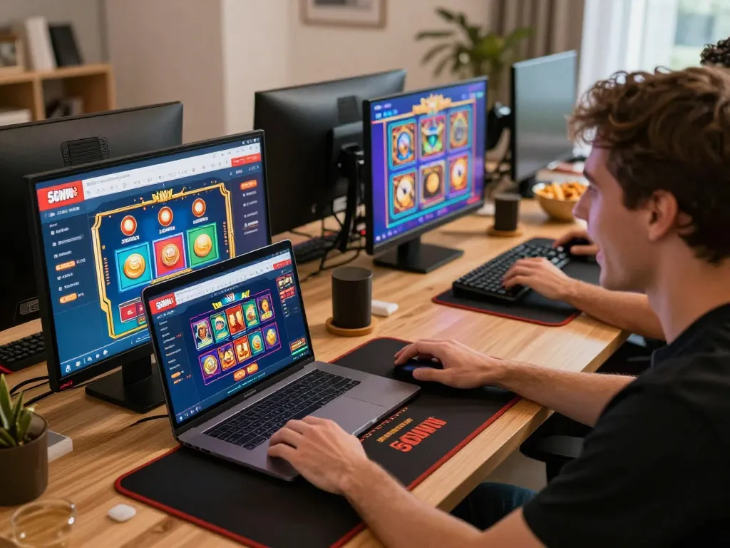 Engaging with the 56WIN online casino platform, a player experiences thrilling gaming moments at home.