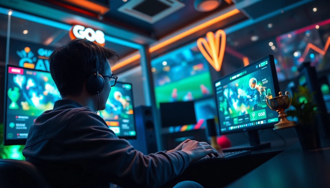 Explore the exciting world of online gaming at https://go8s.bio/ with a vibrant interface showcasing digital currency and gaming trophies.