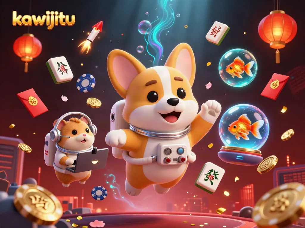 Kawijitu menampilkan astronot corgi mengapung di kasino luar angkasa dengan chip poker dan koin emas