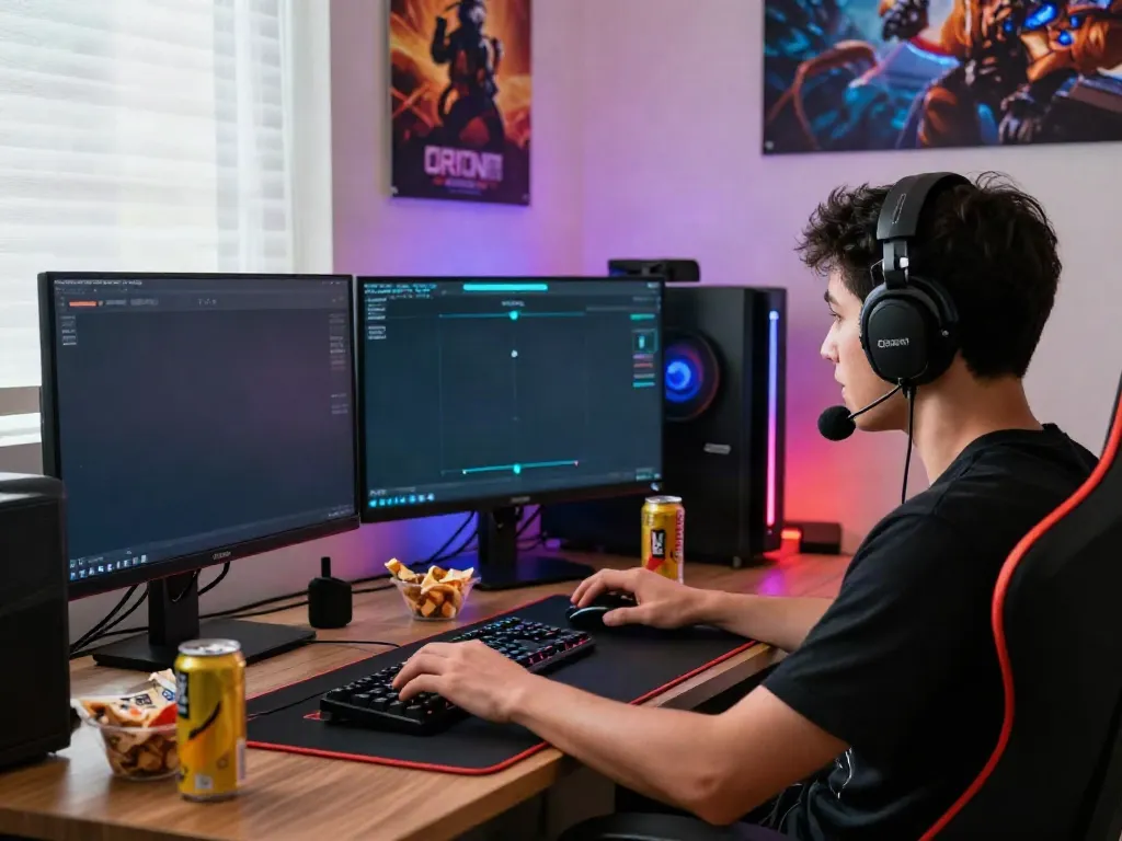 Engaged player showcasing the ORION88 online gaming experience with vibrant lighting and dual screens.