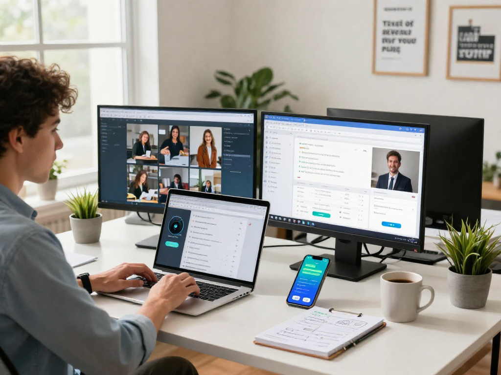 AI receptionist for small business managing customer calls and inquiries in a vibrant workspace.