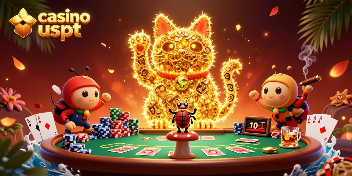 Vivi l'emozione del casinò USDT con simboli d'azzardo e il fortunato gatto di gomma.