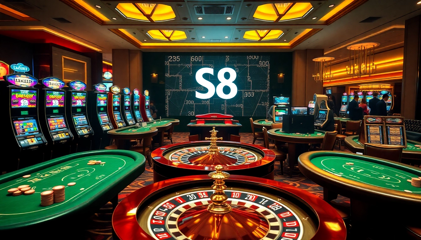 Exciting casino atmosphere showcasing S8 games with slot machines and poker tables.