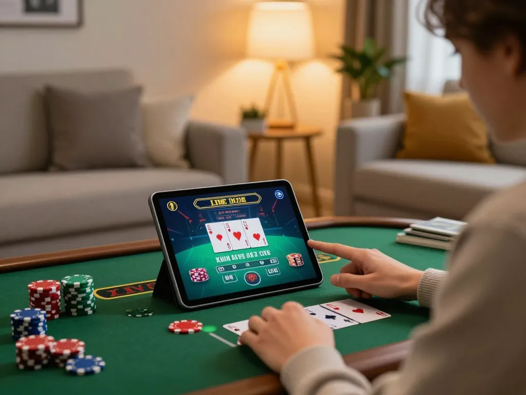 Experience the excitement of sun win as a player engages in online casino gameplay surrounded by a cozy atmosphere.