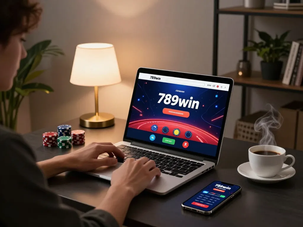 Engaging in online betting on 789win with laptop and smartphone in a cozy home setting