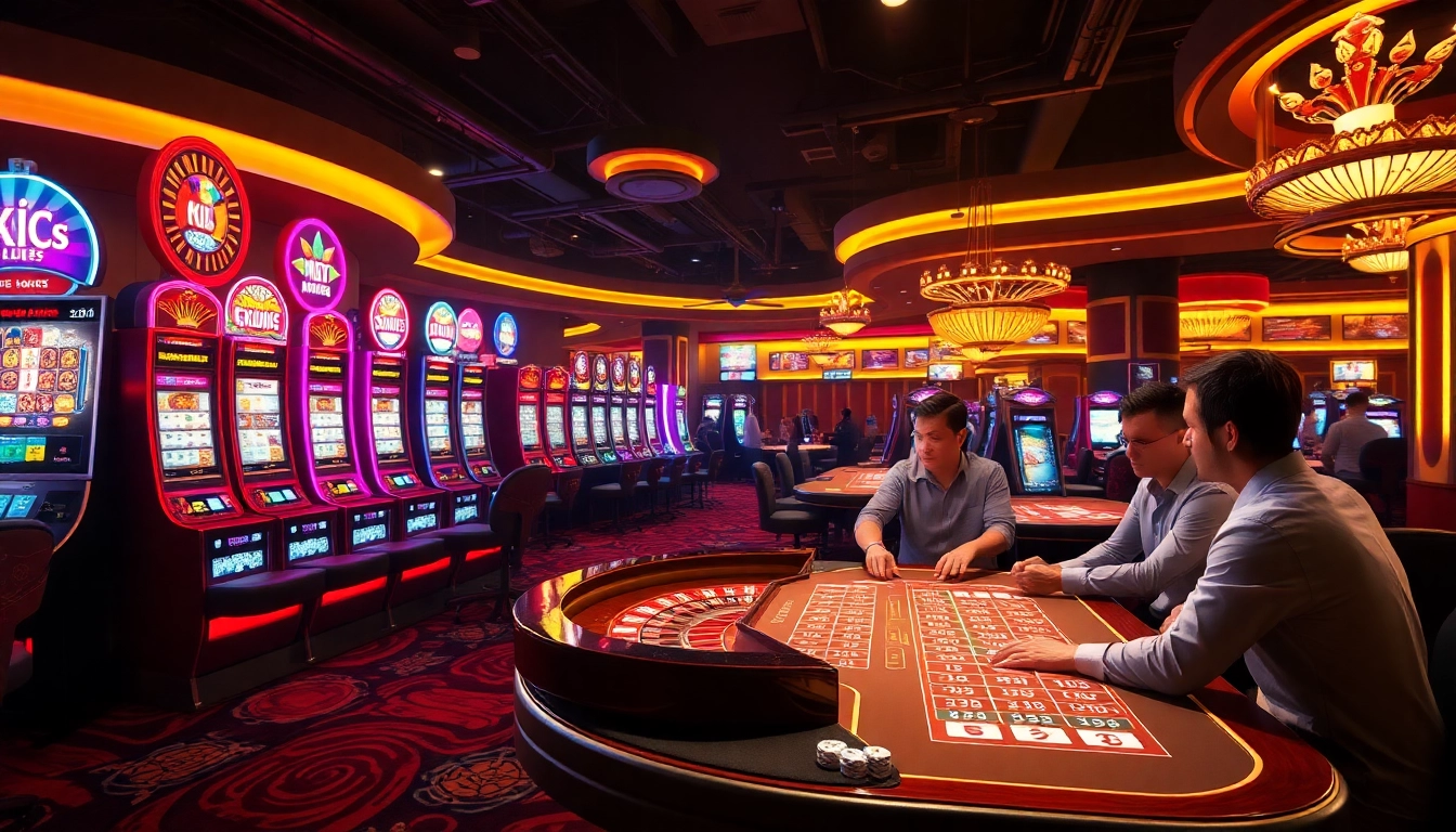 KJC AC 1 casino with vibrant slot machines, roulette tables, and players enjoying poker.