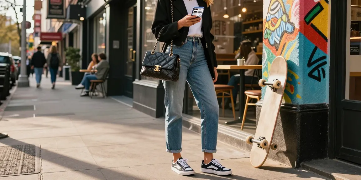 Fashionable shopper exploring 레플리카 쇼핑몰 on smartphone in vibrant urban setting