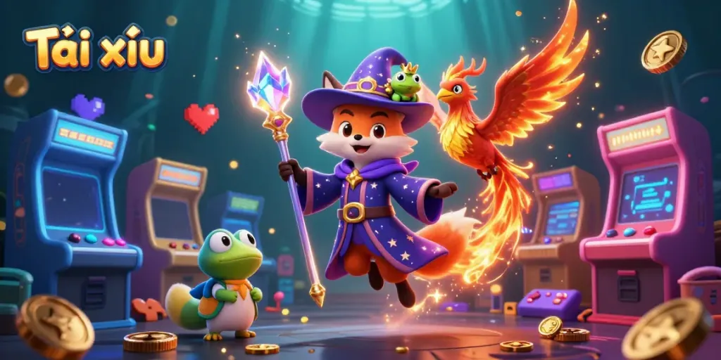Experience the thrilling world of Tài xỉu with this enchanting illustration featuring a wizard fox, phoenix, and engaging gaming elements.