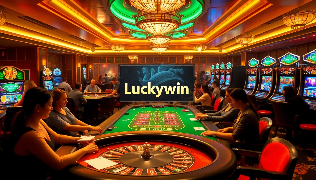 Experience the thrill of Luckywin with players at poker tables under luxurious casino lighting.