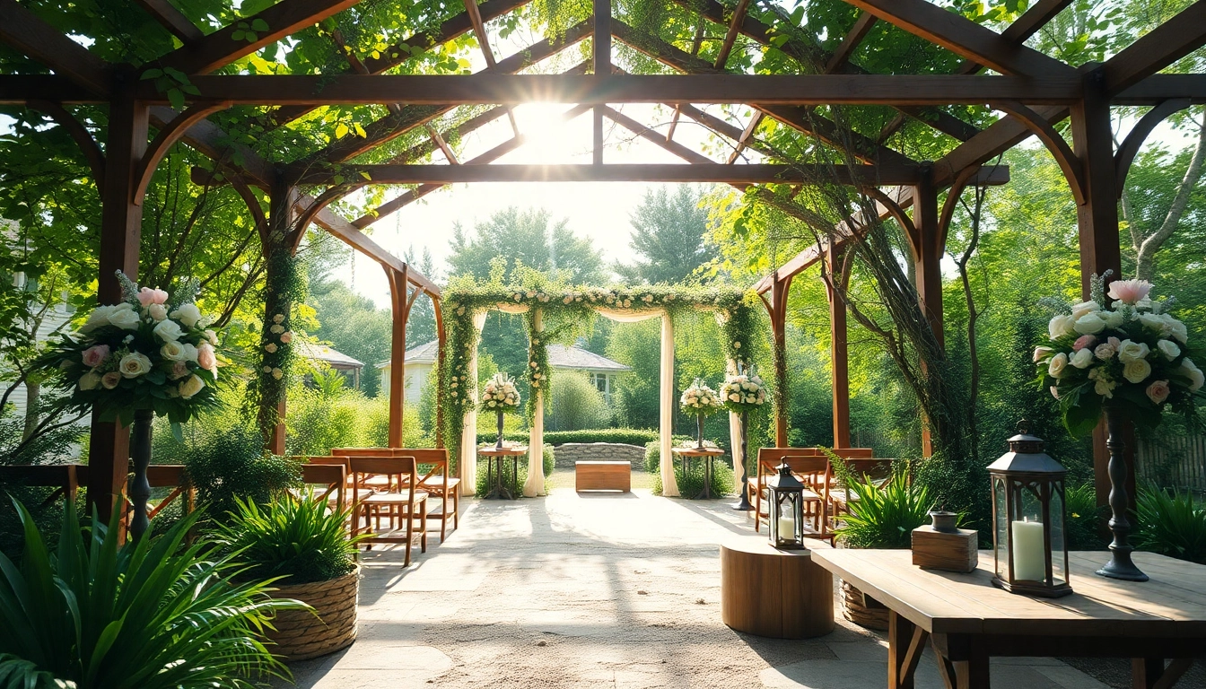 Wunderschöne hochzeitslocation im Freien mit farbenfrohen Blumenarrangements und romantischem Ambiente.