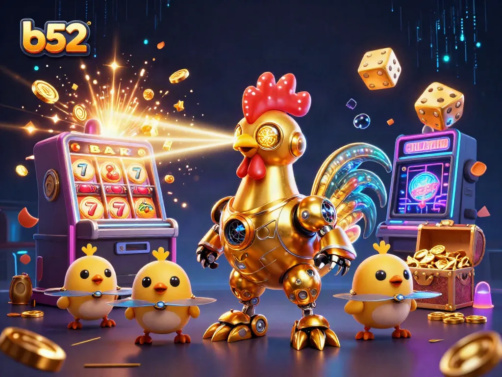 B52 game platform showcased with a golden robot and baby chick drones amidst a slot machine jackpot explosion.