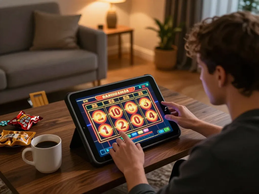 Engaging in slot depo 1000 gaming on tablet in a cozy home environment with coffee nearby