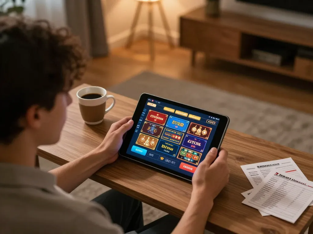 Engaging in online gambling using Link FB88 on a tablet in a cozy home setting.